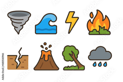 Environmental Dangers Icons. Flat vector mini-illustrations environmental dangers in colors children's illustrations: tornado,
