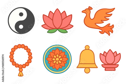 Colorful Pagoda Symbols. Flat vector mini-illustrations pagoda symbols in colors children's illustrations: yin-yang, lotus flower,