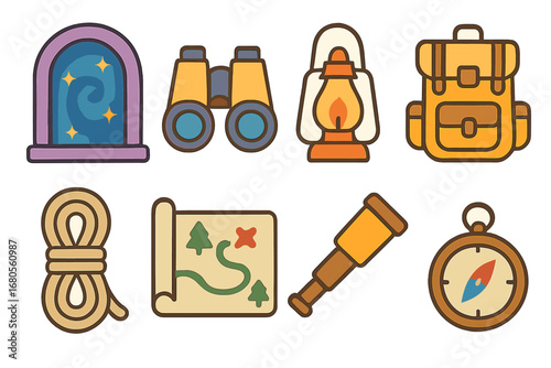Exploration Tools Icons. Flat vector mini-illustrations portal and exploration tools in colors children's illustrations: