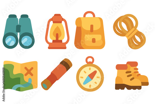 Exploration Tools Icons. Flat vector mini-illustrations portal and exploration tools in colors children's illustrations: