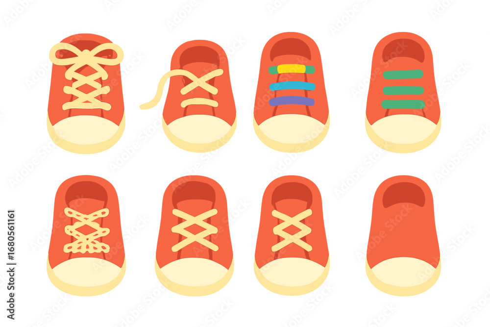 Fototapeta premium Colorful Sneaker Laces. Flat vector mini-illustrations sneaker laces in colors children's illustrations: tied laces, untied laces,