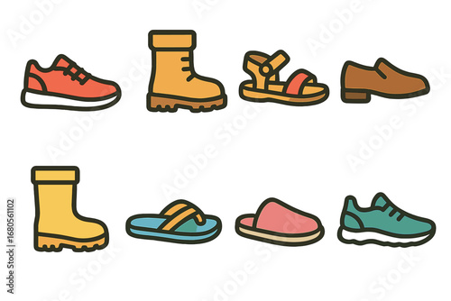 Colorful Shoe Grid. Flat vector mini-illustrations shoe types lost in colors children's illustrations: sneaker, boot, sandal,
