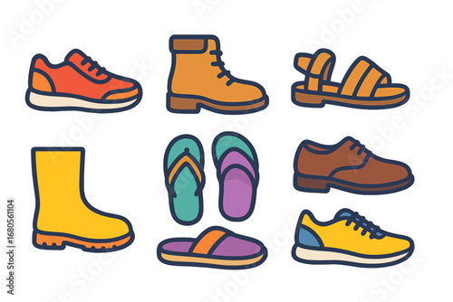 Colorful Shoe Grid. Flat vector mini-illustrations shoe types lost in colors children's illustrations: sneaker, boot, sandal,