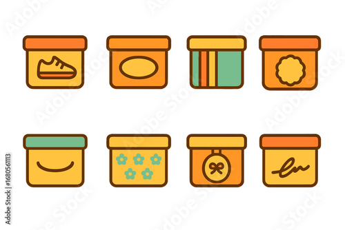 Colorful Shoebox Icons. Flat vector mini-illustrations shoebox branding in colors children's illustrations: shoebox with logo,
