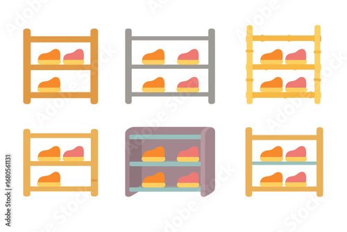 Colorful Shoe Rack Icons. Flat vector mini-illustrations shoe rack materials in colors children's illustrations: wood shoe rack,