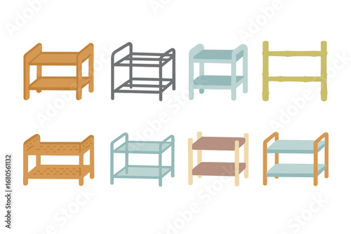 Colorful Shoe Rack Icons. Flat vector mini-illustrations shoe rack materials in colors children's illustrations: wood shoe rack,