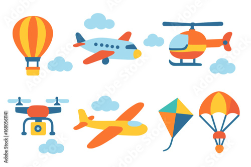 Colorful Sky Adventures. Flat vector mini-illustrations clouds and transportation in colors children's illustrations: hot air
