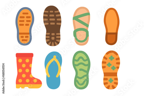 Colorful Shoe Print Grid. Flat vector mini-illustrations shoeprint types in colors children's illustrations: sneaker sole print,