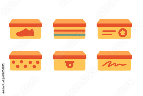 Colorful Shoebox Icons. Flat vector mini-illustrations shoebox branding in colors children's illustrations: shoebox with logo,