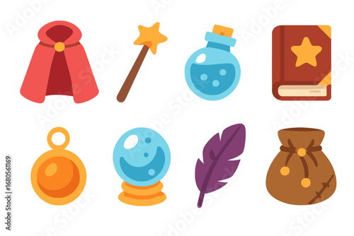 Fantasy Cloak Illustrations. Flat vector mini-illustrations fantasy cloak in colors children's illustrations: elf cloak, druid’s