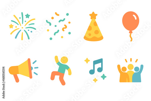 Festive Icons Extravaganza. Flat vector mini-illustrations thrill celebrations in colors children's illustrations: fireworks,