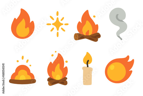 Fire Element Icons. Flat vector mini-illustrations fire elements in colors children's illustrations: flame, spark, burning wood,