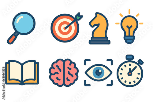 Focus Icons for Kids. Flat vector mini-illustrations concentration and focus in colors children's illustrations: magnifying glass,