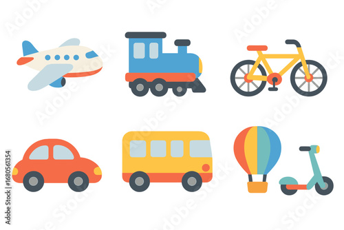 Colorful Transport Icons. Flat vector mini-illustrations travel transport in colors children's illustrations: airplane, train,