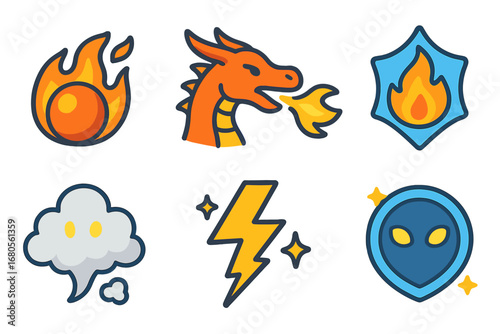 Fire & Magic Icons. Flat vector mini-illustrations dragon fire and magic in colors children's illustrations: fireball, flame