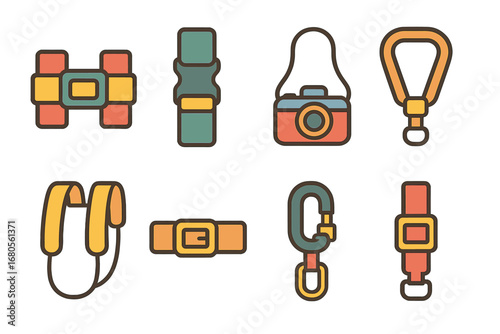 Colorful Travel Straps Icons. Flat vector mini-illustrations travel straps in colors children's illustrations: luggage strap,