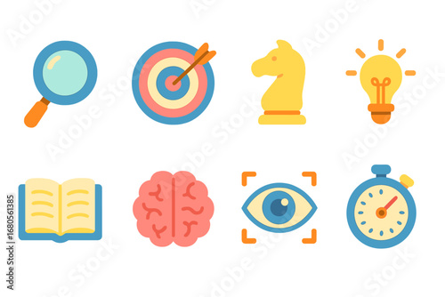 Focus Icons for Kids. Flat vector mini-illustrations concentration and focus in colors children's illustrations: magnifying glass,