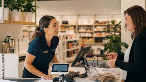 Friendly Retail Employee Assists Smiling Customer at Modern Store Checkout