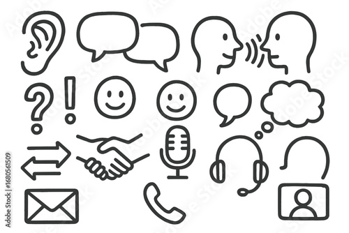 Communication Icons Doodle. Hand-drawn doodle illustration conversation and listening ear icon, speech bubbles, two heads,