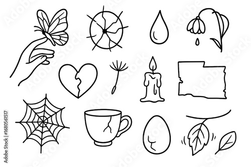 Fragile Symbols Illustration. Hand-drawn doodle illustration delicate moments fragile hand, butterfly wings, cracked glass, tear