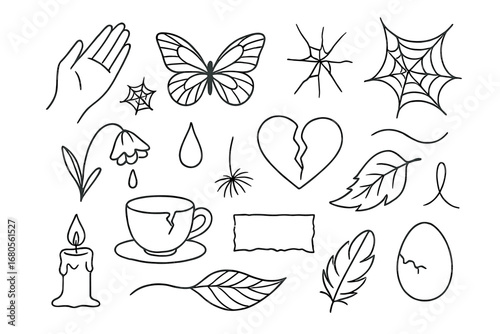 Fragile Symbols Illustration. Hand-drawn doodle illustration delicate moments fragile hand, butterfly wings, cracked glass, tear