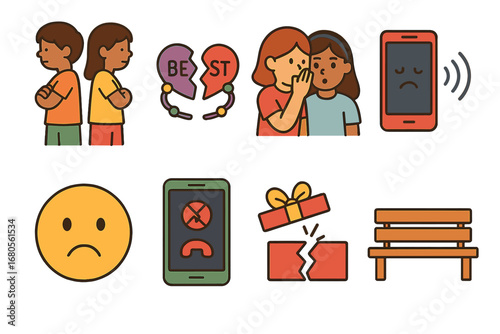 Friendship Betrayal Icons. Flat vector mini-illustrations betrayal friendships in colors children's illustrations: two friends