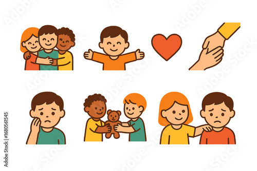 Friendship Symbols Grid. Flat vector mini-illustrations abuse and friendship in colors children's illustrations: group hug, open