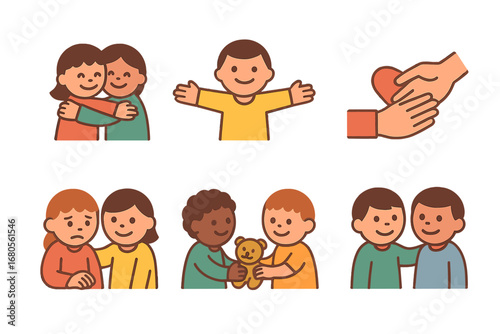 Friendship Symbols Grid. Flat vector mini-illustrations abuse and friendship in colors children's illustrations: group hug, open