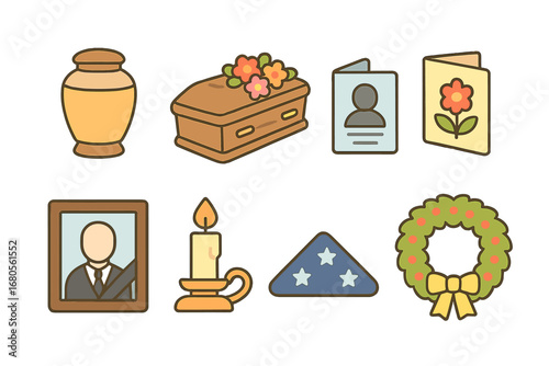 Funeral Icons for Kids. Flat vector mini-illustrations funeral objects in colors children's illustrations: urn, casket flowers,