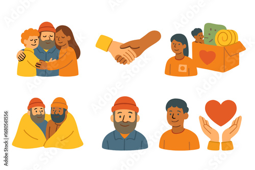 Community Support Icons. Flat vector mini-illustrations homelessness community in colors children's illustrations: group hug,