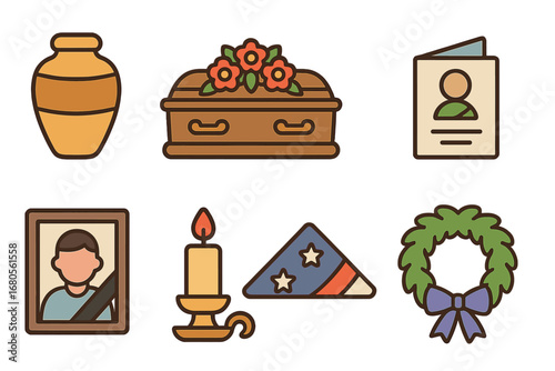 Funeral Icons for Kids. Flat vector mini-illustrations funeral objects in colors children's illustrations: urn, casket flowers,