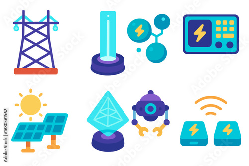 Futuristic Power Icons. Flat vector mini-illustrations futuristic power towers in colors children's illustrations: neon-lit tower,