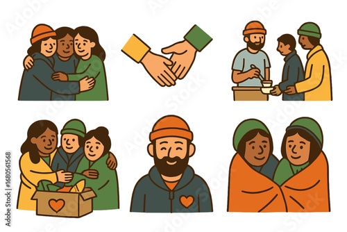 Community Support Icons. Flat vector mini-illustrations homelessness community in colors children's illustrations: group hug,