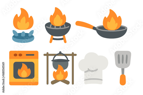 Cooking Flames Icons. Flat vector mini-illustrations cooking flame in colors children's illustrations: stove burner, grill flame,