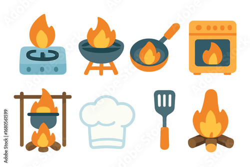 Cooking Flames Icons. Flat vector mini-illustrations cooking flame in colors children's illustrations: stove burner, grill flame,