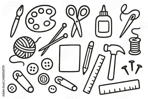 Craft Tools Doodle. and-drawn doodle illustration arts and crafts paintbrush, paint palette, scissors, glue bottle, yarn ball,
