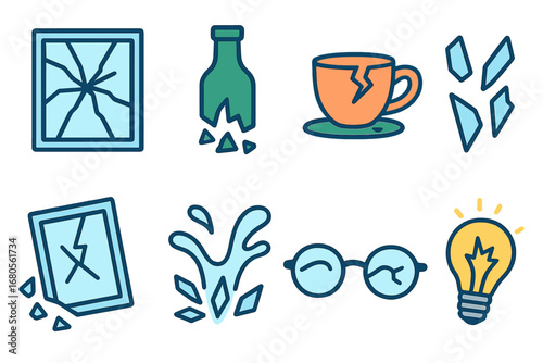 Glass Break Icons. Flat vector mini-illustrations glass break in colors children's illustrations: cracked window, shattered bottle