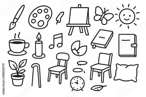 Creative Solitude Symbols. Hand-drawn doodle illustration creative solitude paintbrush, palette, canvas, open book, music note,