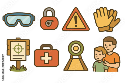 Crossbow Safety Icons. Flat vector mini-illustrations crossbow safety and rules in colors children's illustrations: safety goggles