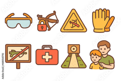 Crossbow Safety Icons. Flat vector mini-illustrations crossbow safety and rules in colors children's illustrations: safety goggles
