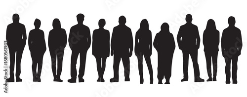 Vector Silhouettes of People, Standing and Walking Figures, Isolated on White Background