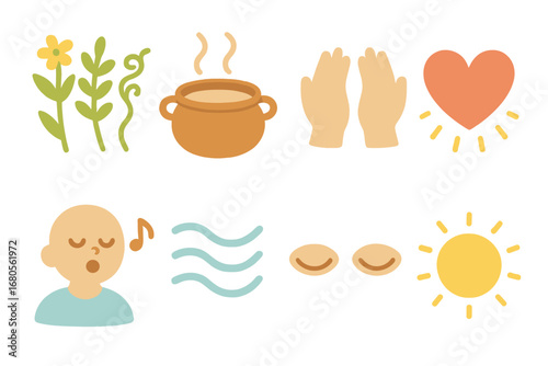 Healing Ritual Icons. Flat vector mini-illustrations healing ritual in colors children's illustrations: healing herbs, medicinal