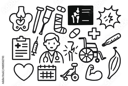 Hip Fracture Doodle. Hand-drawn doodle illustration hip fracture broken hip bone, cast, crutch, syringe, pill, x-ray, clipboard,