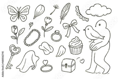 Delicate Nature Doodles. Hand-drawn doodle illustration delicate nature butterfly, flower petal, feather, dandelion seed, lace,
