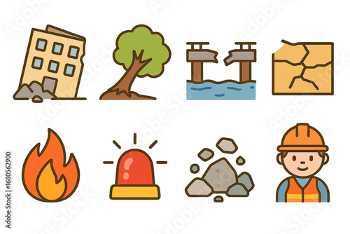 Disaster Icons Grid. Flat vector mini-illustrations disaster wreck in colors children's illustrations: collapsed building, fallen
