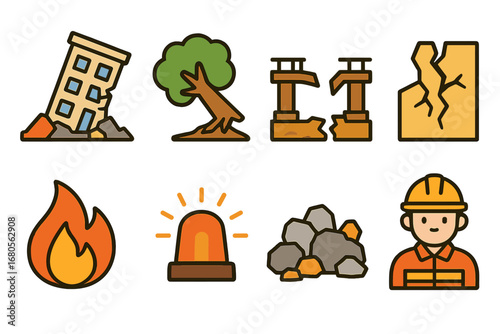 Disaster Icons Grid. Flat vector mini-illustrations disaster wreck in colors children's illustrations: collapsed building, fallen