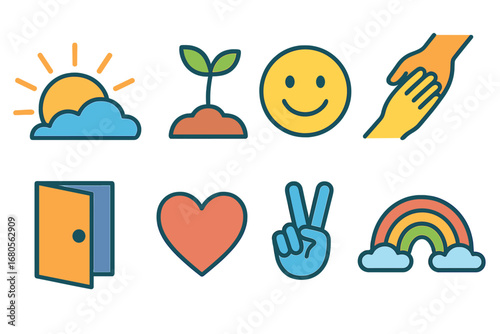 Hopeful Children's Icons. Flat vector mini-illustrations ruined plans and hope in colors children's illustrations: sunrise,