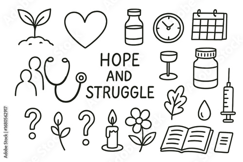 Hope and Healing Symbols. Hand-drawn doodle illustration hope and struggle seedling, heart, medical vial, clock, calendar, doctor