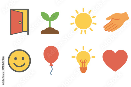 Hopeful Symbols. Flat vector mini-illustrations homelessness hope and future in colors children's illustrations: open door,