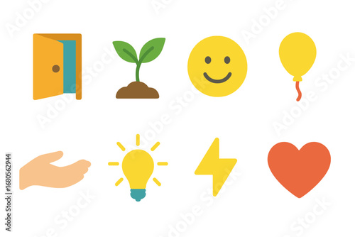 Hopeful Symbols. Flat vector mini-illustrations homelessness hope and future in colors children's illustrations: open door,